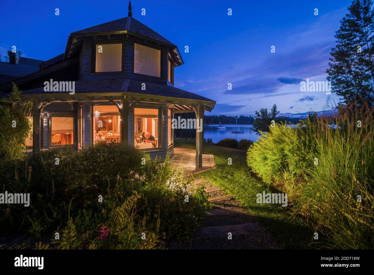 Las Balsas Gourmet Hotel and Spa at night, Villa la Angostura, Neuquen, Patagonia, Argentina, South America Stock Photo