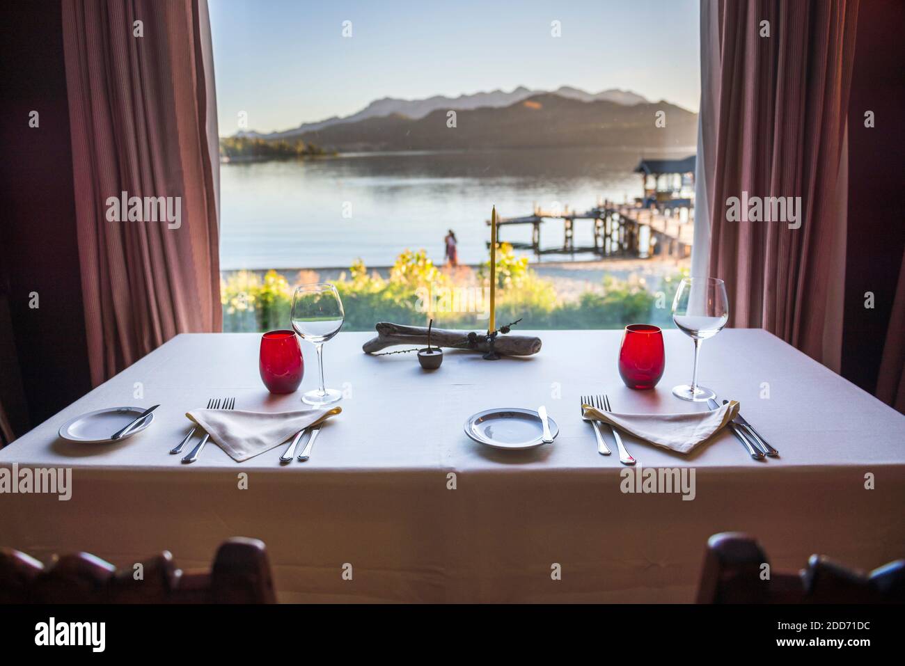 Restaurant at Las Balsas Gourmet Hotel and Spa, Las Balsas Bay, Villa la Angostura, Neuquen, Patagonia, Argentina, South America Stock Photo