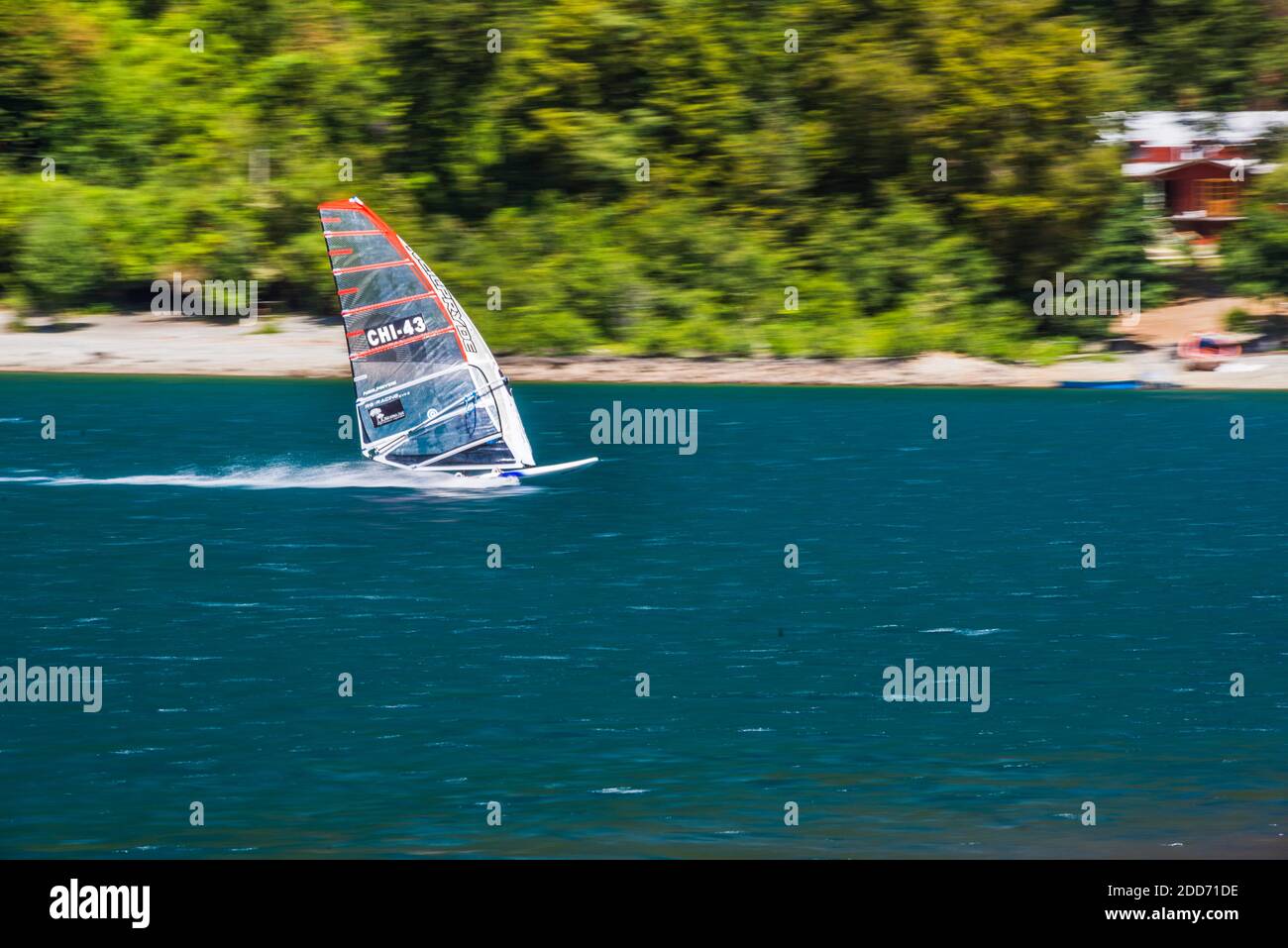 Windsurfing on Todos Los Santos Lake, Vicente Perez Rosales National Park, Chilean Lake District, Chile, South America Stock Photo