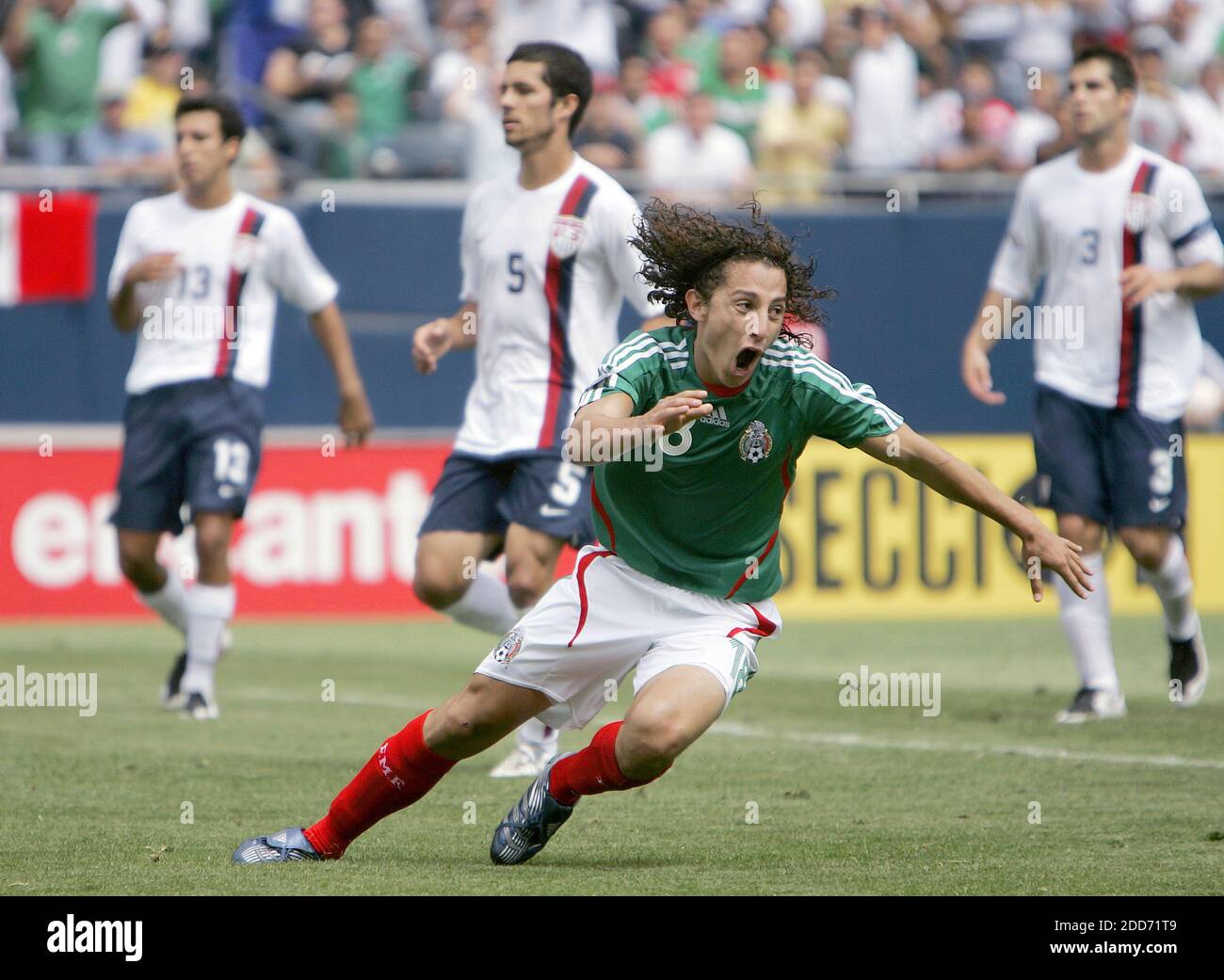 NO FILM, NO VIDEO, NO TV, NO DOCUMENTARY - Mexico's Jose Andres Guardado scores a goal against the United States in the first half of the CONCACAF Gold Cup final. The United States defeated Mexico, 2-1, at Soldier Field in Chicago, IL, USA on June 24, 2007. Photo by Jose M. Osorio/Chicago Tribune/MCT/Cameleon/ABACAPRESS.COM Stock Photo