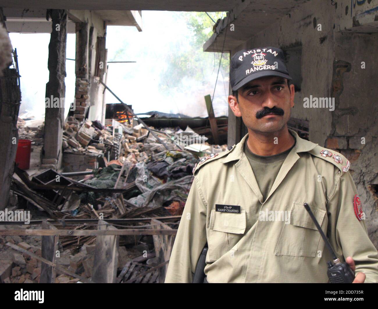 NO FILM, NO VIDEO, NO TV, NO DOCUMENTARY - A Pakistani soldier at Lal Masjid, the Red Mosque, in Islamabad, Pakistan, in the aftermath of heavy fighting this week, July 12, 2007. Photo by Tom Lasseter/MCT/ABACAPRESS.COM Stock Photo