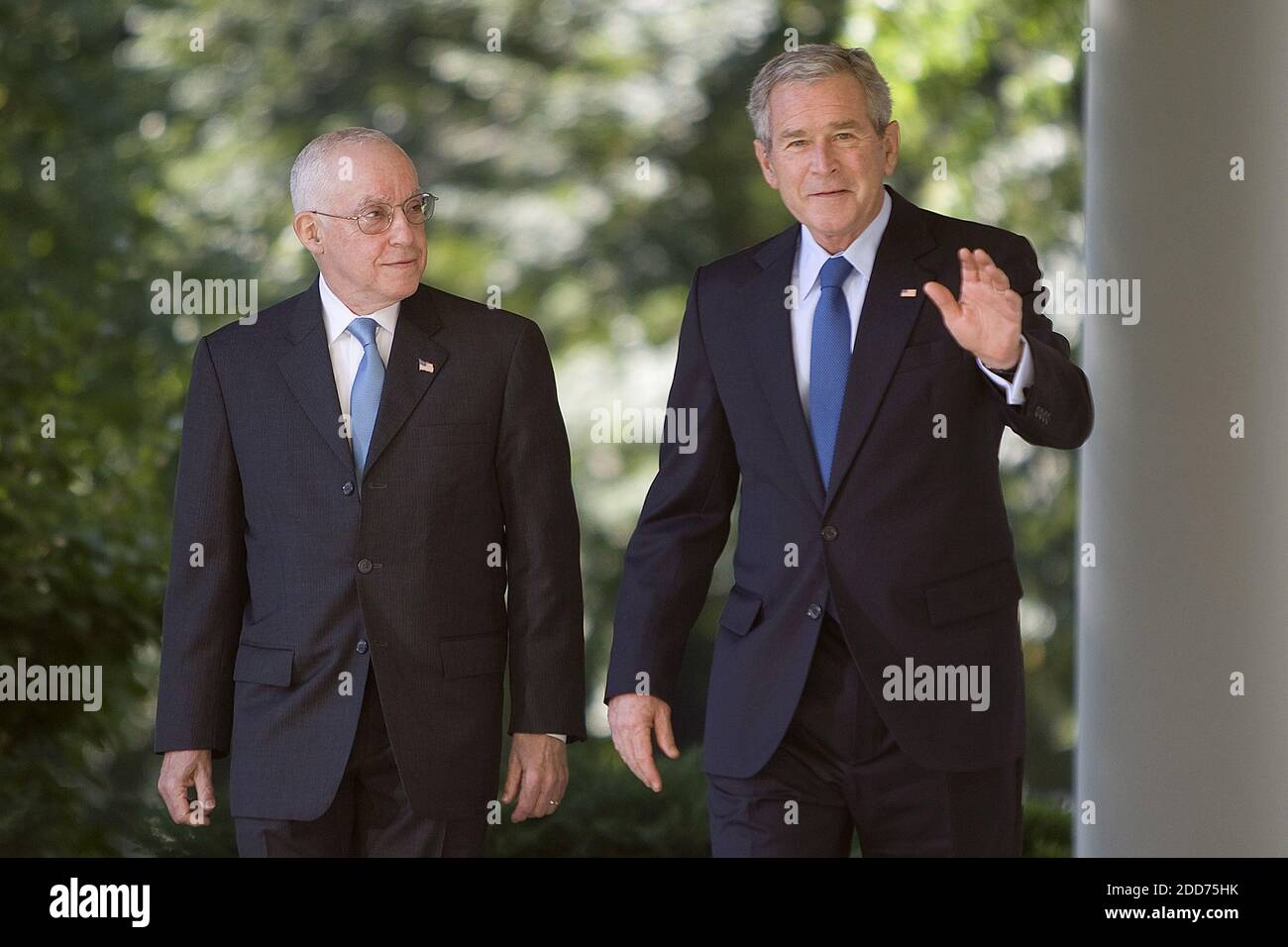 NO FILM, NO VIDEO, NO TV, NO DOCUMENTARY - President George W. Bush walks to the Rose Garden with his nominee for the new U.S. Attorney General, retired New York judge Michael Mukasey (left), in Washington, D.C., USA on September 17, 2007. Mukasey, 66, would replace Alberto Gonzales, who resigned last month after he became embroiled in controversy over the firings of nine federal prosecutors. Photo by Chuck Kennedy/MCT/ABACAPRESS.COM Stock Photo