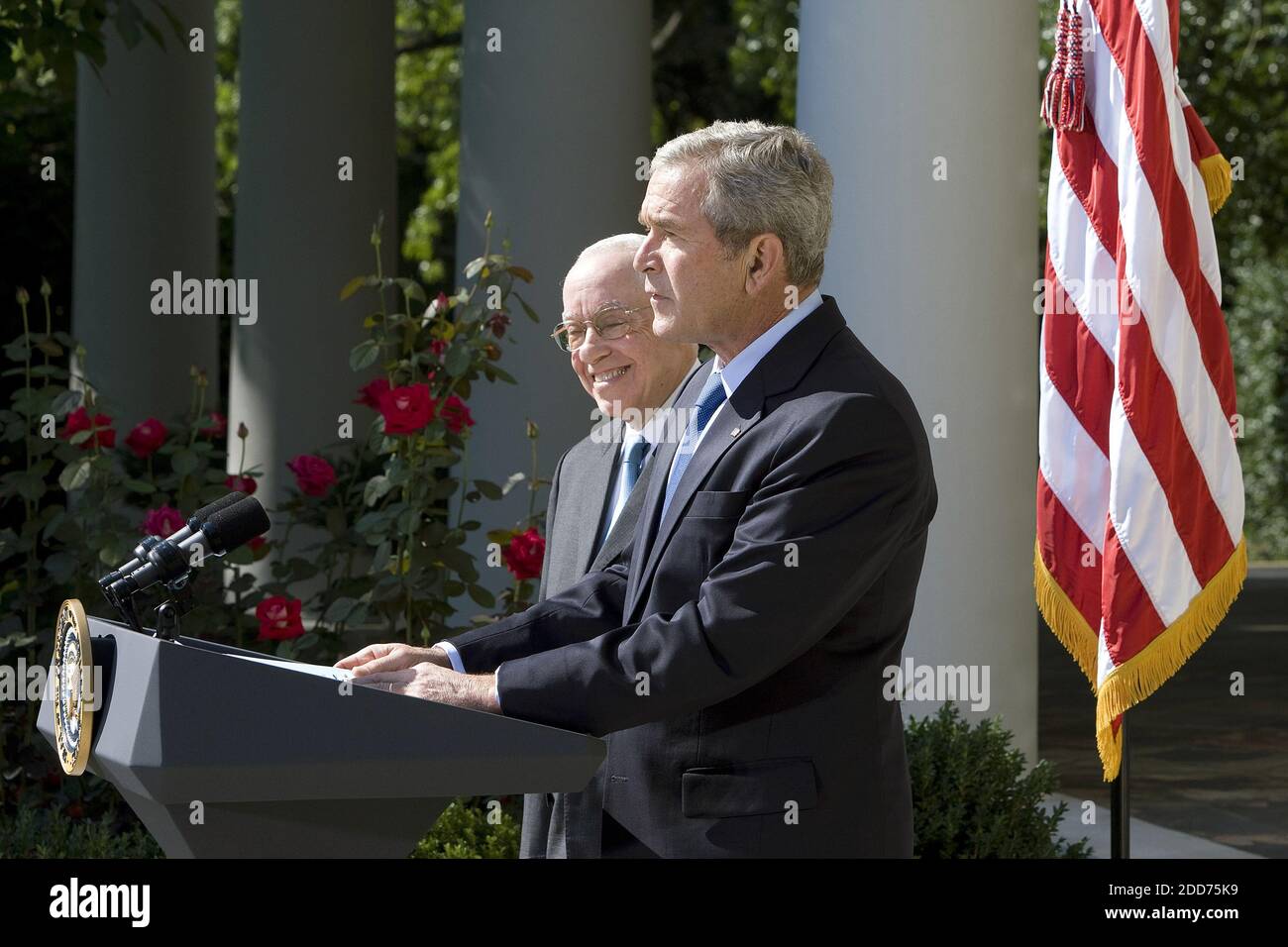 NO FILM, NO VIDEO, NO TV, NO DOCUMENTARY - President George W. Bush announces his nominee for the new U.S. Attorney General, retired New York judge Michael Mukasey (left), in the Rose Garden of the White House in Washington, D.C., USA on September 17, 2007. Mukasey, 66, would replace Alberto Gonzales, who resigned last month after he became embroiled in controversy over the firings of nine federal prosecutors. Photo by Chuck Kennedy/MCT/ABACAPRESS.COM Stock Photo