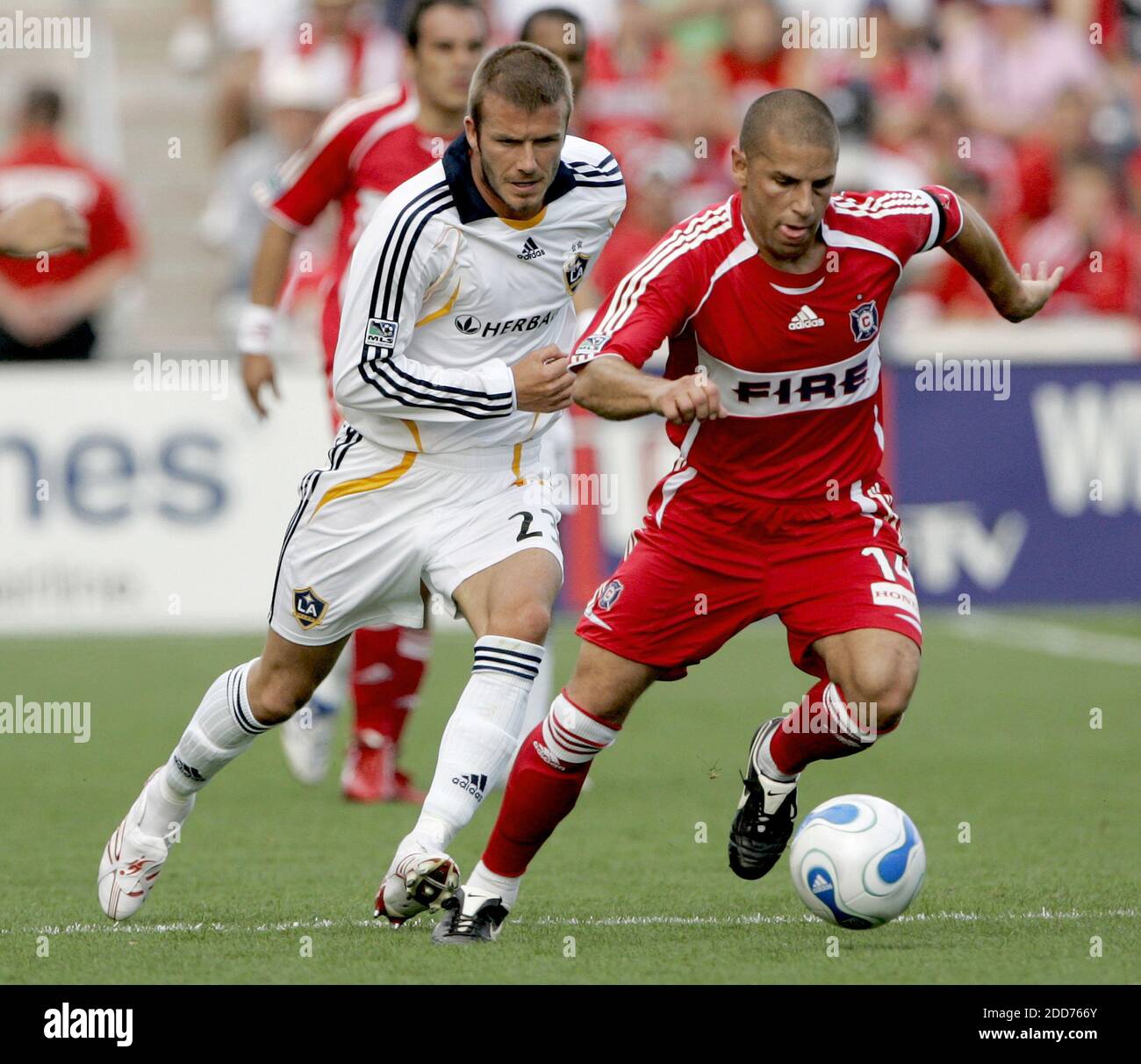 NO FILM, NO VIDEO, NO TV, NO DOCUMENTARY - Chicago Fire's Chris Armas (14) beats Los Angeles Galaxy's David Beckham (23) to the ball in the second half at Toyota Park in Bridgeview, IL, USA on October 21, 2007. The Fire beat the Galaxy 1-0. Photo by Jose M. Osorio/Chicago Tribune/MCT/Cameleon/ABACAPRESS.COM Stock Photo