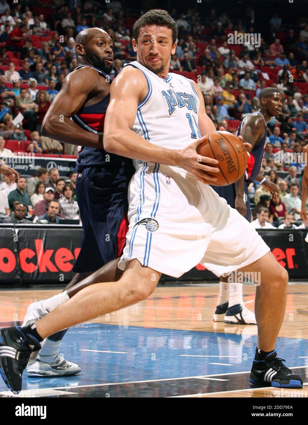 NO FILM, NO VIDEO, NO TV, NO DOCUMENTARY - Orlando Magic forward Hedo Turkoglu posts-up against Atlanta Hawks guard Anthony Johnson (8) during game action at Amway Arena in Orlando, FL, USA on December 10, 2007.The Hawks defeated the Magic, 98-87 Photo by Gary W. Green/MCT/ABACAPRESS.COM Stock Photo