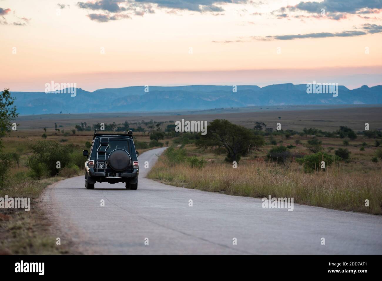 Driving in a 4wd on RN7 (Route Nationale 7) at Isalo National Park, Southwestern Madagascar Stock Photo