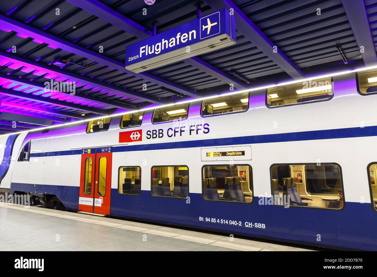 Zurich, Switzerland - September 23, 2020: Siemens Desiro Double Deck S-Bahn train at Zurich Airport railway station in Switzerland. Stock Photo