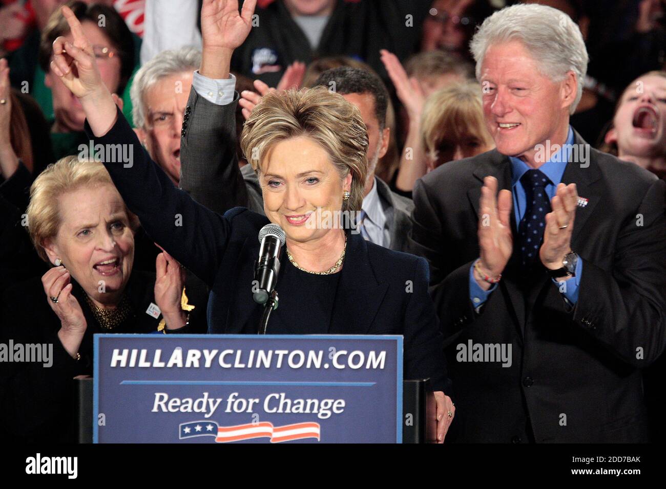 Democratic presidential hopeful, Sen. Hillary Rodham Clinton, D-N.Y., and her husband, former president Bill Clinton, speaks to supporters at her caucus night party in Des Moines, IA, USA on Thursday, January 3, 2008. Photo by Chuck Kennedy/MCT/ABACAPRESS.COM Stock Photo