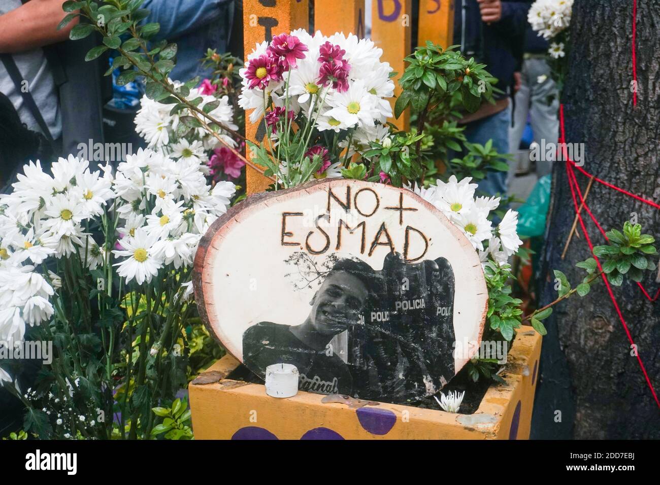 The sister of the student Dilan Cruz makes an altar in memory of her brother for the murder a year ago by an agent of the mobile anti-riot squad ESMAD Stock Photo