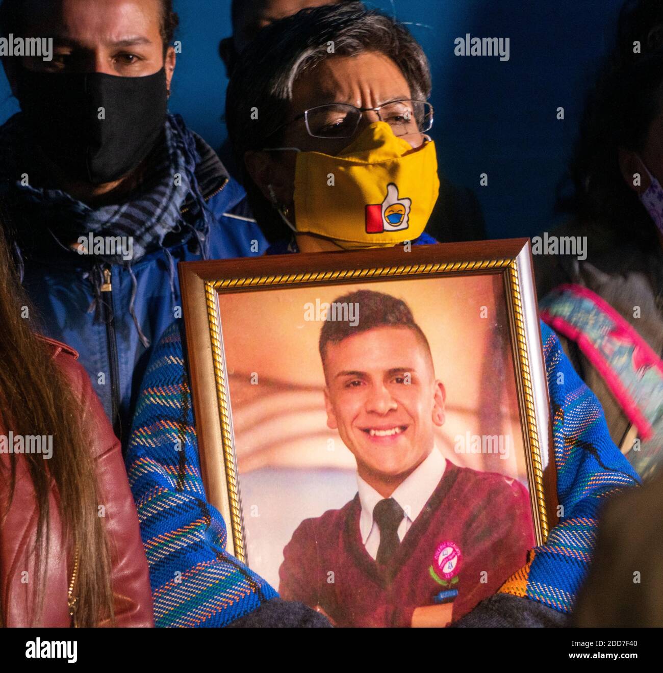The mayor of Bogota, Claudia Lopez with a photo of Dilan Cruz accompanies the family, who was killed by an Esmad projectile a year ago. Stock Photo