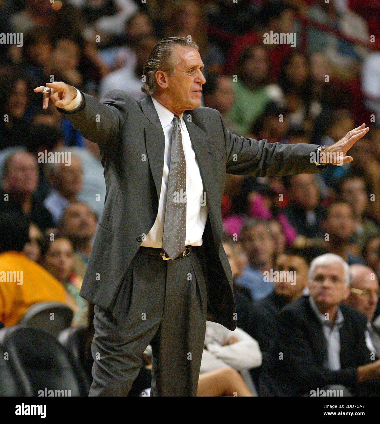 NO FILM, NO VIDEO, NO TV, NO DOCUMENTARY - Miami Heat head coach Pat Riley  gives instructions to his team as they face the Indiana Pacers at the  American Airline Arena in