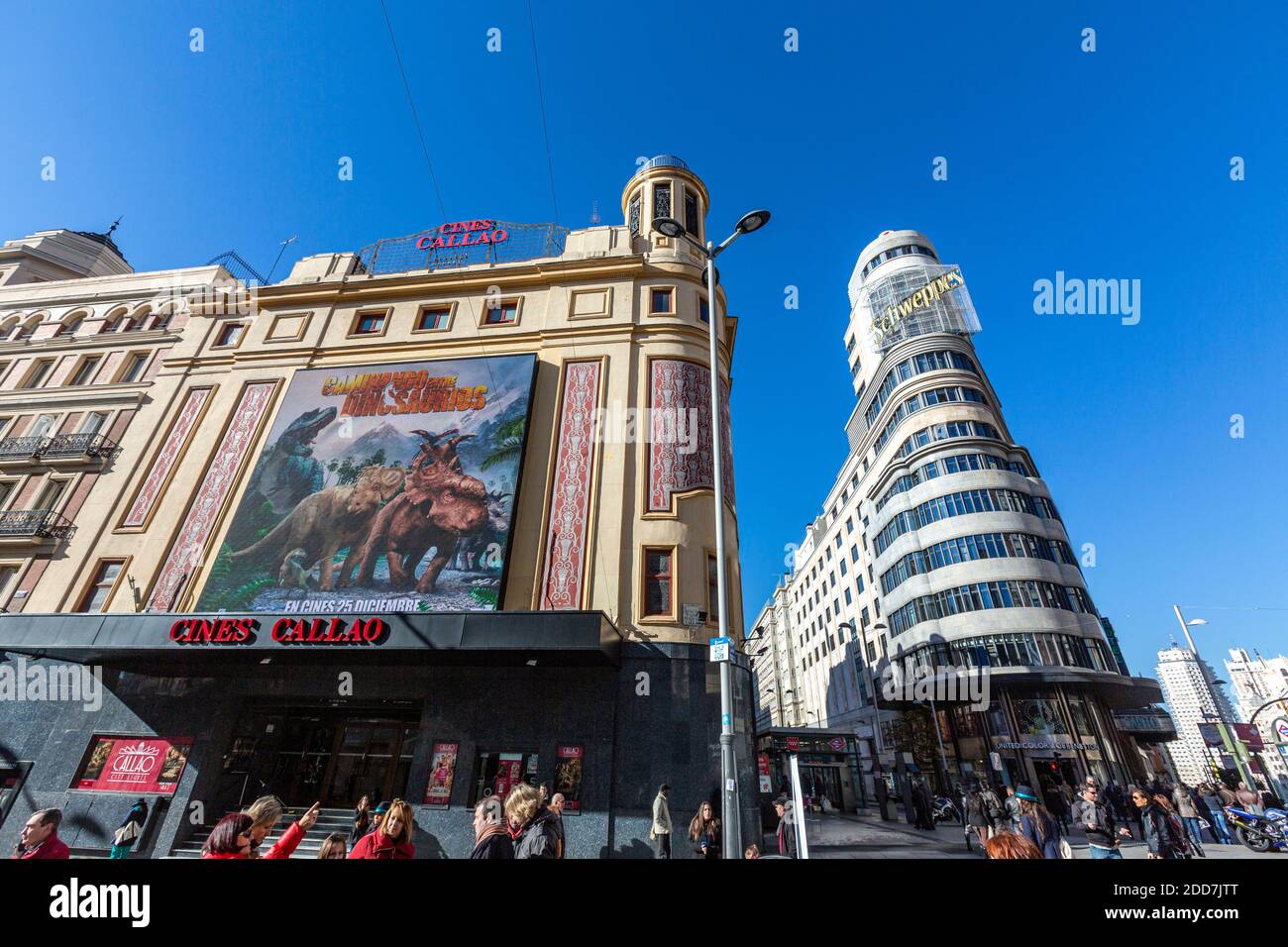 Cinema Callao and Carrion building,  iconic Art Deco landmark,  in Gran Via, Madrid, Spain Stock Photo