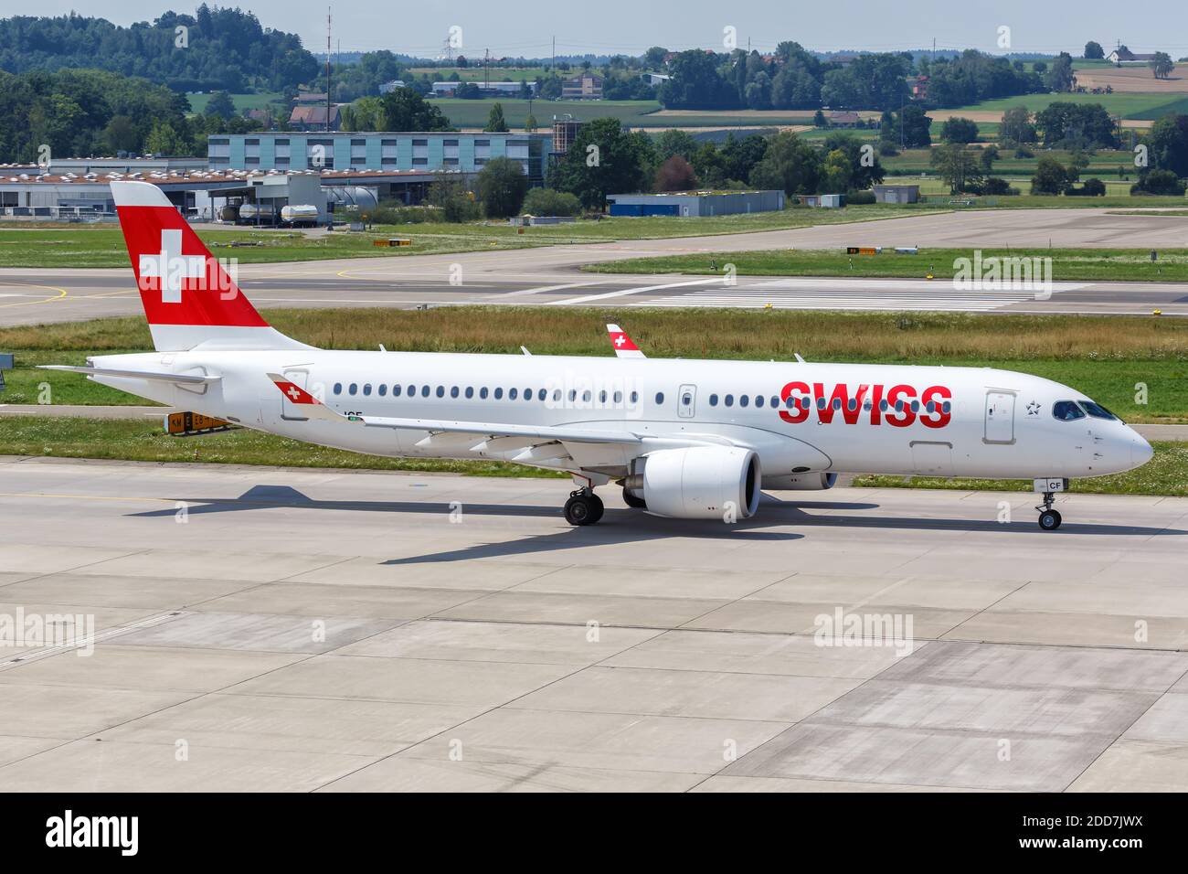Zurich, Switzerland - July 22, 2020: Swiss Airbus A220-300 airplane at Zurich Airport in Switzerland. Stock Photo