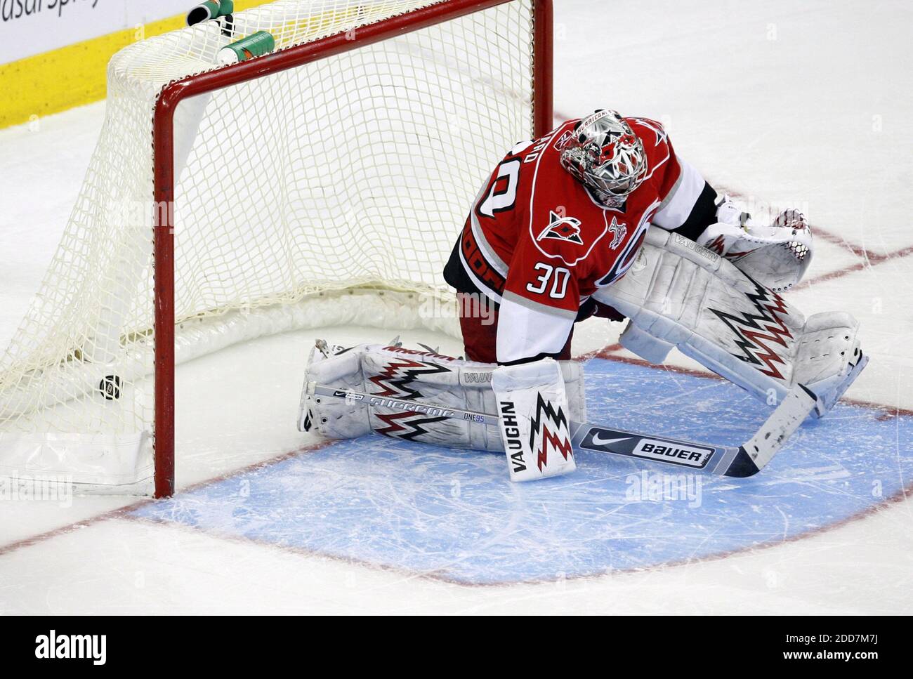 The final shot of the shootout by the Boston Bruins' David Krejci goes into the net past Carolina Hurricanes goal Cam Ward. The Bruins defeated the Hurricanes, 3-2, at the RBC Center in Raleigh, NC, USA on February 19, 2008. The Bruins defeated the Hurricanes in overtime, 3-2. Photo by Chris Seward/Raleigh News & Observer/MCT/Cameleon/ABACAPRESS.COM Stock Photo
