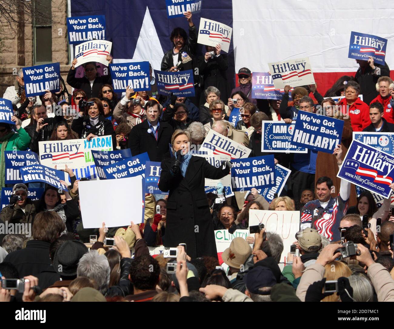 Hillary Clinton speaks to supporters in downtown Fort Worth, TX, USA, on Friday February 22, 2008. Clinton cut her visit short following the death a Dallas police officer working the candidate's motorcade. Photo by Ron T. Ennis/Fort Worth Star-Telegram/MCT/ABACAPRESS.COM Stock Photo