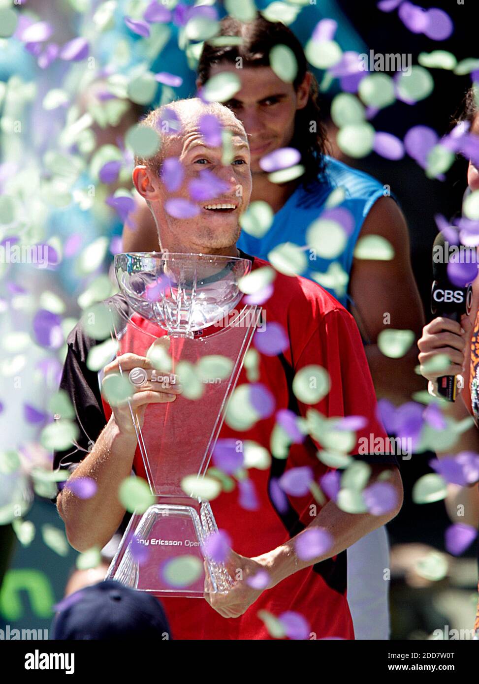 Russia's Nikolai Davydenko holds his trophy after defeats, 6-4, 6-2, Spain's Rafael Nadal in their final match of the Sony Ericsson Open at the Crandon Park Tennis Center in Key Biscayne, FL, USA on April 6, 2008. Photo by Patrick Farrell/Miami Herald/MCT/Cameleon/ABACAPRESS.COM Stock Photo