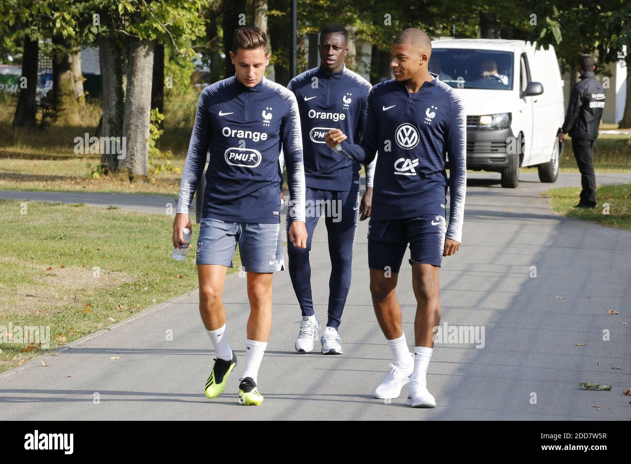 Florian Thauvin, Benjamin Mendy and Kylian Mbappe arriving for a training  session in the Centre d'Entraînement of the French National Football team  in Clairefontaine-en-Yvelines, France on September 3rd, 2018. Photo by Henri