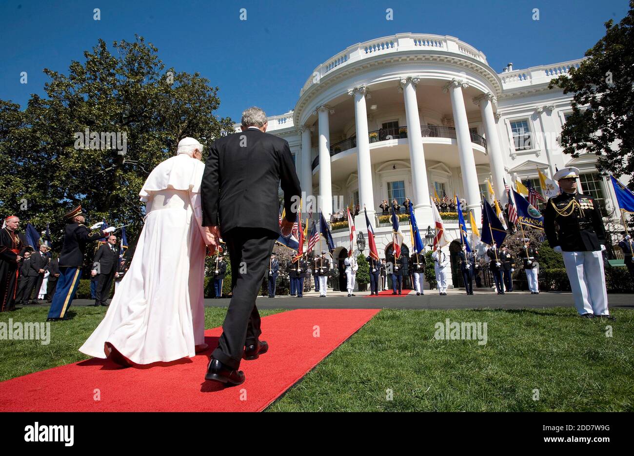 NO FILM, NO VIDEO, NO TV, NO DOCUMENTARY - Pope Benedict XVI and U.S. President George W. Bush walk to the White House following an arrival ceremony on the South Lawn in Washington, DC, on April 16, 2008. Photo by Chuck Kennedy/MCT/ABACAPRESS.COM Stock Photo