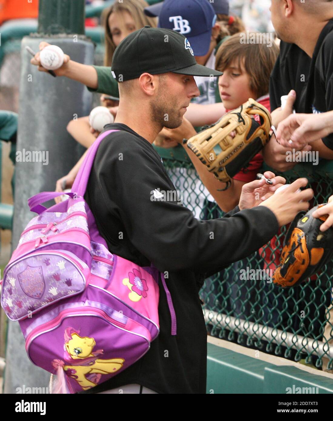 NO FILM, NO VIDEO, NO TV, NO DOCUMENTARY - Wearing a bright pink 'My Little Pony' backpack, Toronto Blue Jays pitcher Jesse Carlson signs autographs before the start of the Blue Jays' game against the Tampa Bay Devil Rays at Champion Stadium at Disney's Wide World of Sports in Lake Buena Vista, FL, USA on April 23, 2008. Photo by Stephen M. Dowell/Orlando Sentinel/MCT/Cameleon/ABACAPRESS.COM Stock Photo