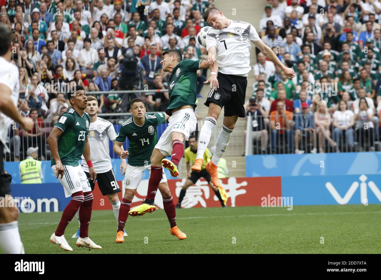 Germany's Julian Draxler battles Mexico's Hector Moreno during the 2018 FIFA World Cup Russia game, Germany vs Mexico in Luzhniky Stadium, Moscow, Russia on June 17, 2018. Mexico won 1-0. Photo by Henri Szwarc/ABACAPRESS.COM Stock Photo