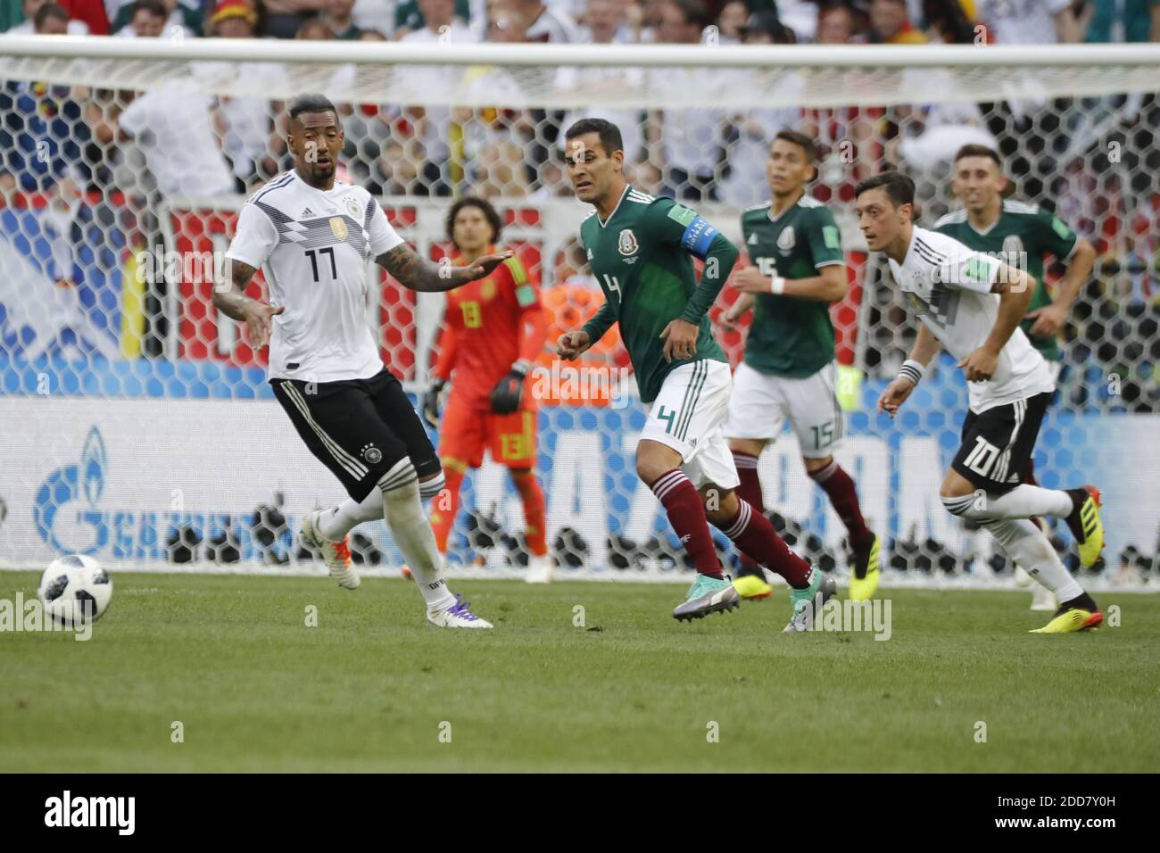 Germany's Jerome Boateng and Mesut Oezil battles Mexico's Rafael Marquez during the 2018 FIFA World Cup Russia game, Germany vs Mexico in Luzhniky Stadium, Moscow, Russia on June 17, 2018. Mexico won 1-0. Photo by Henri Szwarc/ABACAPRESS.COM Stock Photo
