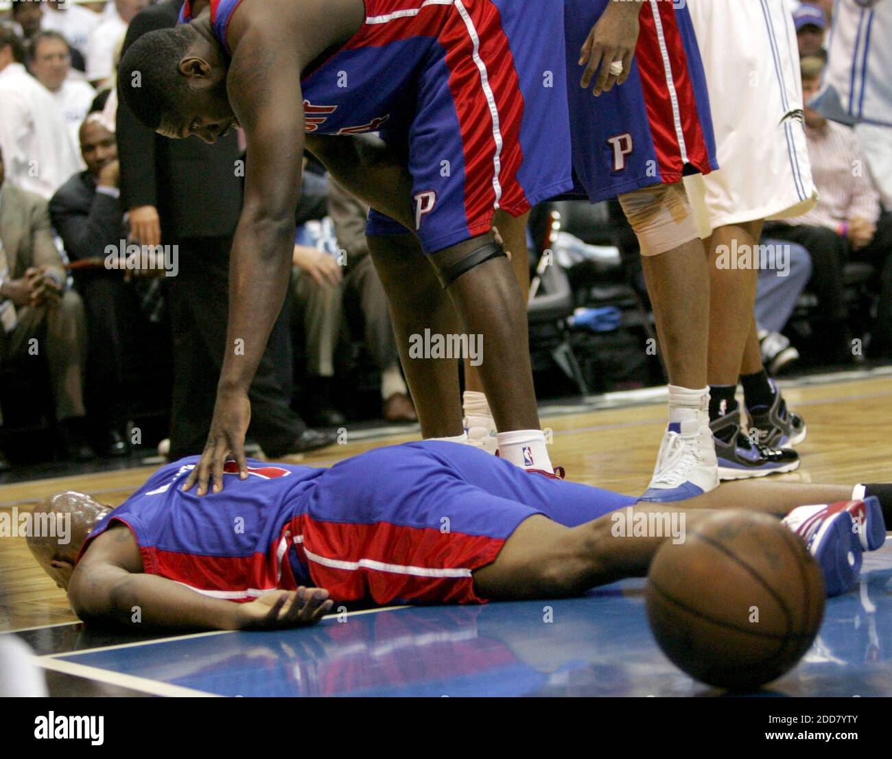 Detroit Pistons' Chauncey Billups lies on the floor after a foul by Orlando Magic's Jameer Nelson during first half action in Game 3 of the NBA Eastern Conference semifinals at the Amway Arena in Orlando, FL, USA on May 7, 2008. Photo by Gary W. Green/Orlando Sentinel/MCT/Cameleon/ABACAPRESS.COM Stock Photo