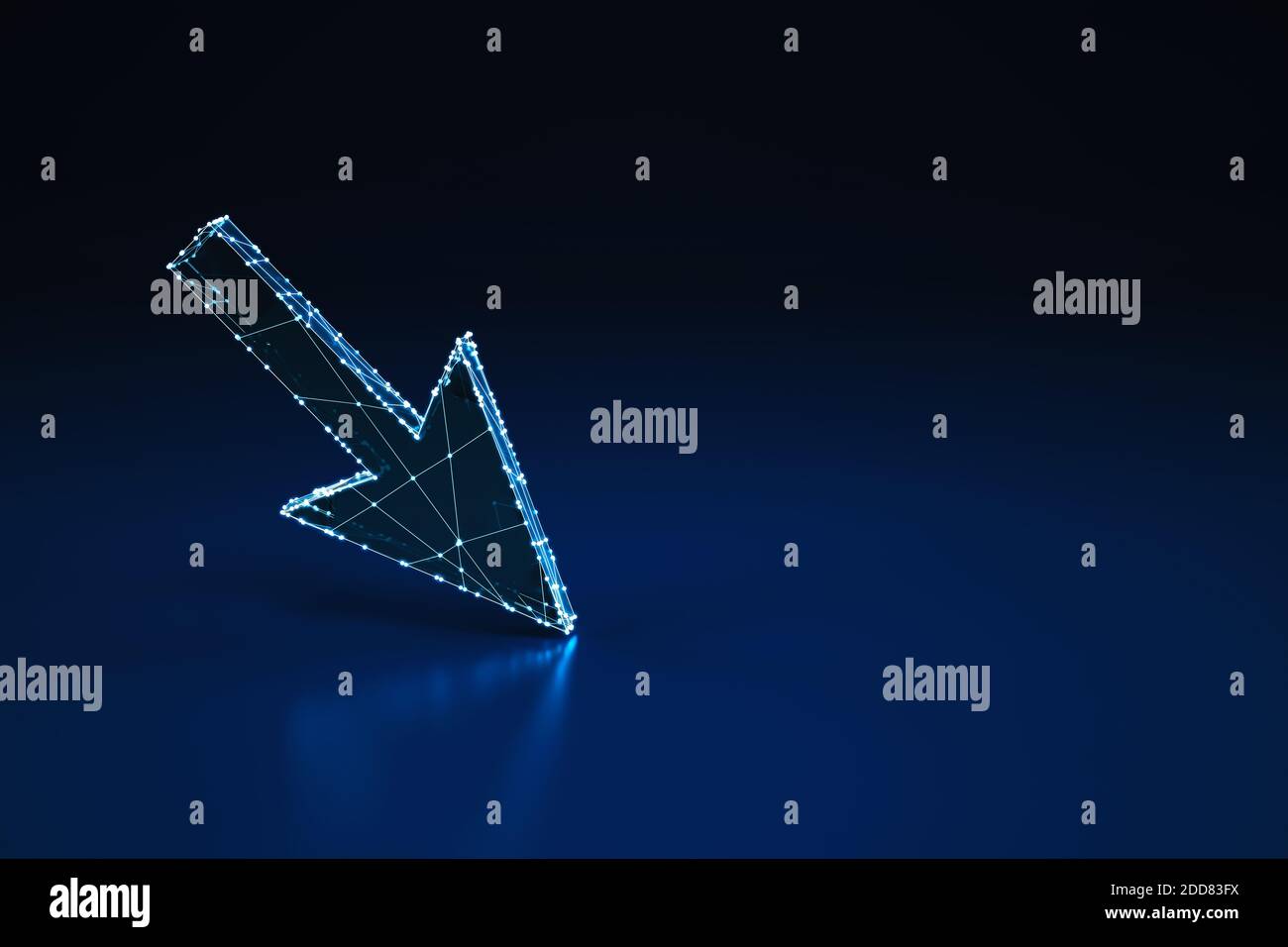 Illuminated wireframe digital arrow on dark blue background. 3D Rendering Stock Photo