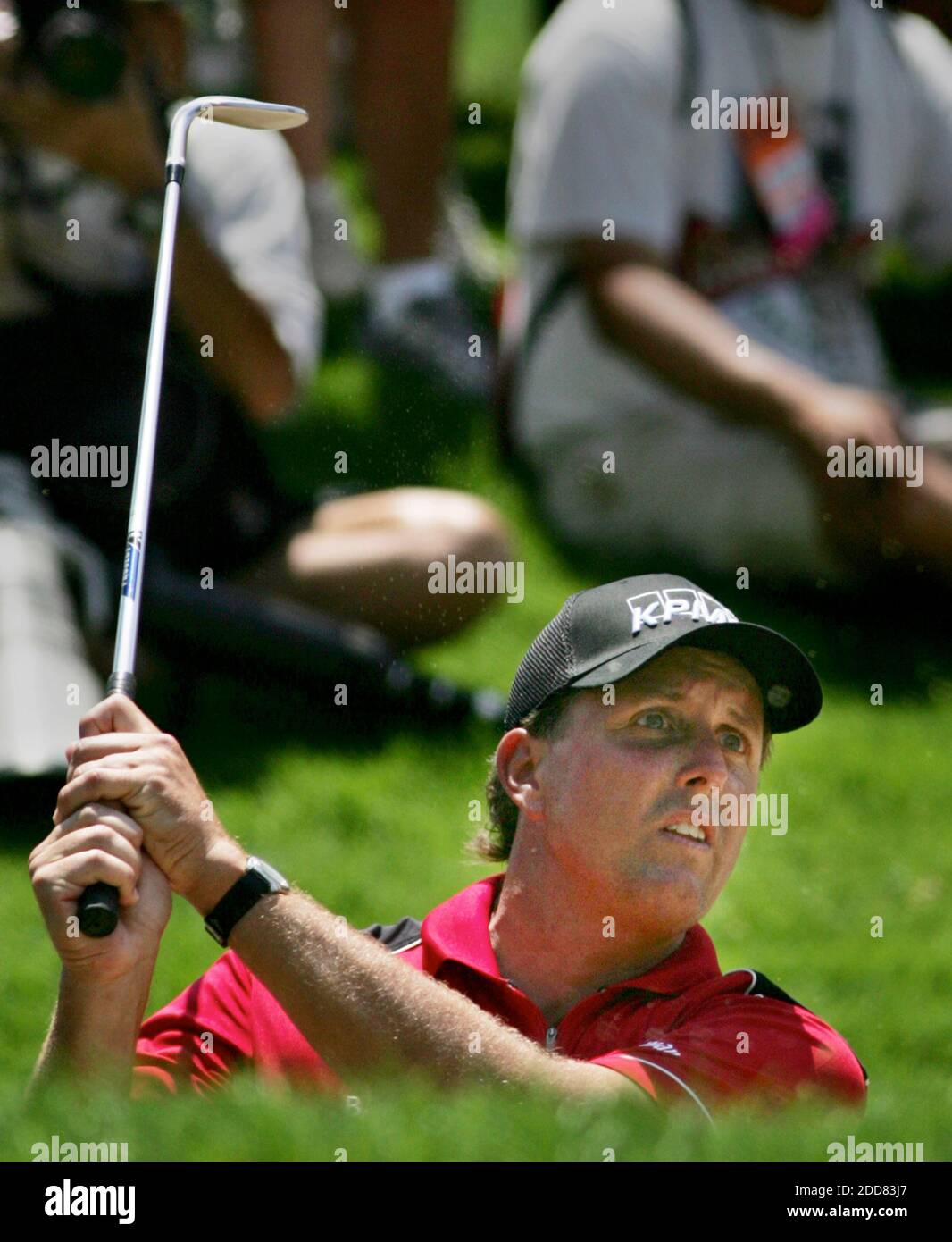 NO FILM, NO VIDEO, NO TV, NO DOCUMENTARY - Phil Mickelson hits from the sand on the eighth hole at the Bridgestone Invitational at Firestone Country Club in Akron, Ohio, USA on August 2, 2008. Photo by Lew Stamp/Akron Beacon Journal/MCT/Cameleon/ABACAPRESS.COM Stock Photo