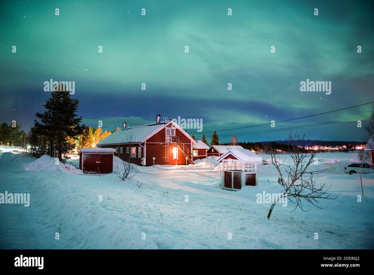 Northern Lights (aurora borealis) over Akaslompolo, a small town in