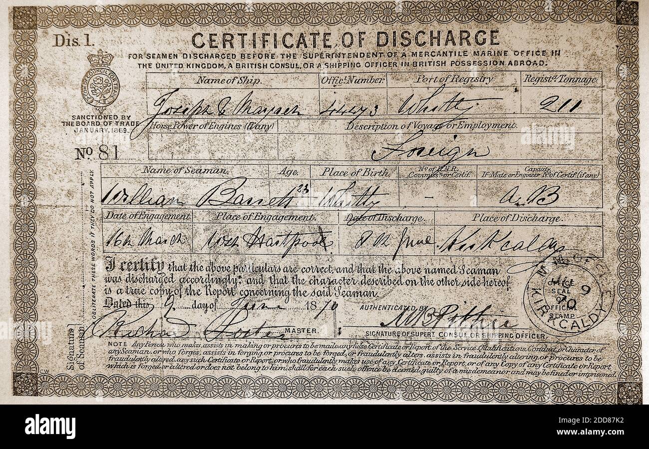 An 1870 Seaman's / Sailor's discharge cerificate from the Whitby (Yorkshire) sailing ship (Brigantine) Joseph and Marjory. Able Seaman's name is William Barrett (aged 23), engaged at West Hartlepool, discharged at Kirkcaldy, Scotland. The ship's captain/master was Richard Porter. Stock Photo