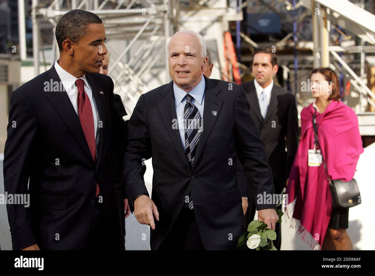 NO FILM, NO VIDEO, NO TV, NO DOCUMENTARY - Presidential candidates Sen. Barack Obama (D-Ill.) and Sen. John McCain (R-Ariz.) talk after visiting the reflecting pool at the World Trade Center during the seventh anniversary of the September 11, 2001 terrorist attacks in Manhattan, New York, Thursday, September 11, 2008. Photo by Bruce Gilbert/MCT/ABACAPRESS.COM Stock Photo