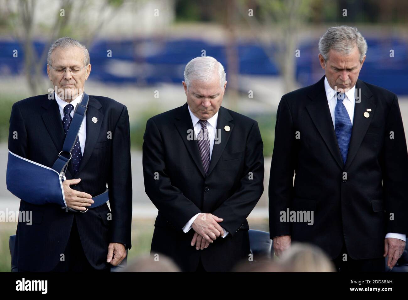 NO FILM, NO VIDEO, NO TV, NO DOCUMENTARY - President George W. Bush, right, is joined by current Secretary of Defense Robert Gates, center, and Donald Rumsfeld, the former Secretary of Defense, during the Pentagon ceremony marking the seventh anniversary of the attacks of September 2001, on September 11, 2008. Photo by Chuck Kennedy/MCT/ABACAPRESS.COM Stock Photo