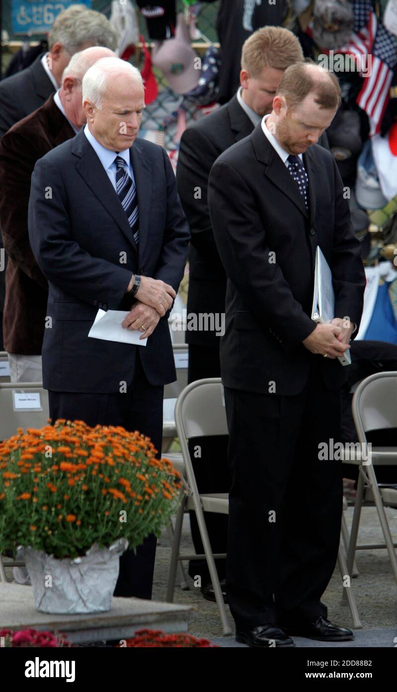 NO FILM, NO VIDEO, NO TV, NO DOCUMENTARY - Republican presidential candidate John McCain, left, stands with Gordon Felt whose brother, Ed Felt, was among those killed on Flight 93 during a ceremony in Shanksville, Pennsylvania, honoring those killed on September 2001, on Thursday September. 11, 2008. Photo by Laurence Kesterson/MCT/ABACAPRESS.COM Stock Photo