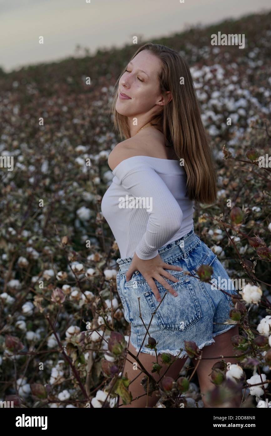 A teenage girl poses in a cotton field. Stock Photo