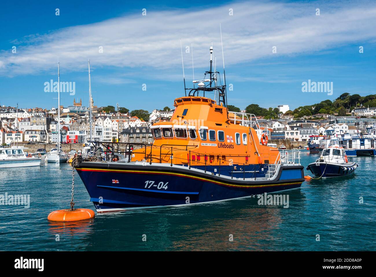 RNLI lifeguard boat in St Peter Port Harbour, Guernsey, Channel Islands, United Kingdom Stock Photo