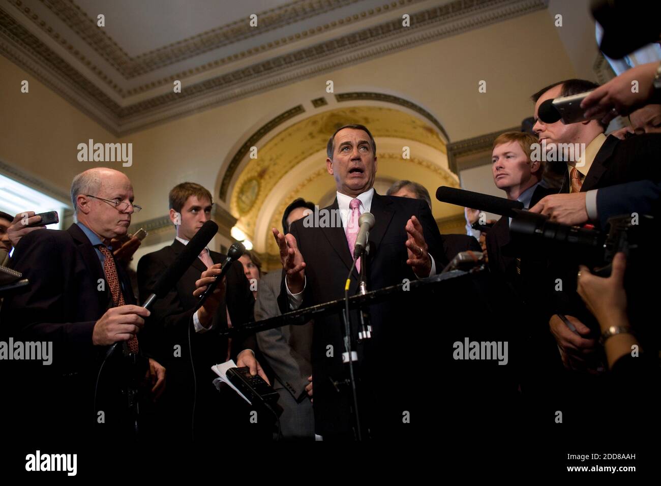 NO FILM, NO VIDEO, NO TV, NO DOCUMENTARY - House Minority Leader John Boehner, R-Ohio (2nd L) standing with (L-R) Rep. Eric Cantor, R-Va., House Minority Whip Roy Blunt, R-Mo., and Rep. Adam Putnam, R-Fla., speaks to reporters on Capitol Hill in Washington, DC, USA on Monday, September 29, 2008, after the House vote on the financial bailout package failed. The U.S. House of Representatives on Monday rejected a Wall Street bailout bill that would have authorized the Treasury Department to spend up to $700 billion to purchase soured mortgage-backed assets from banks with the goal of jump-startin Stock Photo
