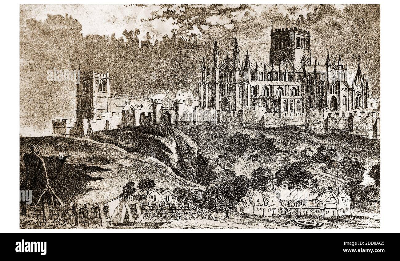 An old postcard showing an even older artist's impression of what Whitby Abbey and parish church (Yorkshire) might have looked like when Whitby was only a tiny fishing village . Stock Photo