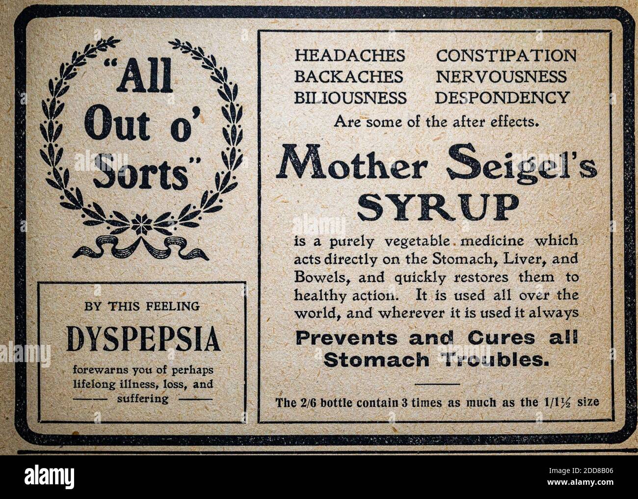Mother Siegel's Syrup dyspepsia (indigestion) remedy, vintage British advertisement circa 1905 Stock Photo