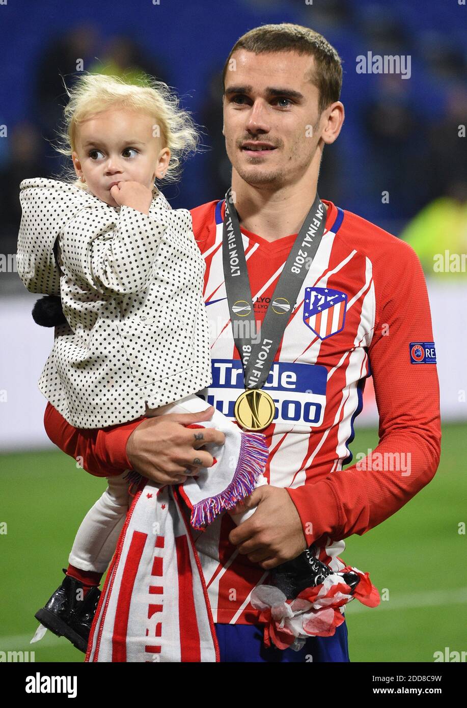 Antoine Griezmann celebrates with his daughter Mia after the UEFA Europa  League final match Marseille v Atletico Madrid in Lyon, France, on May 16,  2018. Atletico won 3-0 and its 3rd title.
