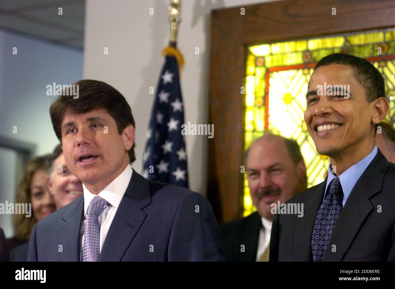 NO FILM, NO VIDEO, NO TV, NO DOCUMENTARY - Governor Rod Blagojevich and his chief of staff, John Harris, were arrested by FBI agents on federal corruption charges Tuesday morning, December 9, 2008. Prosecutors allege that Blagojevich, shown here with then state Senator Barack Obama, April 2, 2004, sought appointment for himseld as Secretary of Health and Human Services in the new Obama administration, or a lucrative job with a union, in exchange for appointing a union-preferred candidate. Photo by Milbert O. Brown/Chicago Tribune/MCT/ABACAPRESS.COM Stock Photo