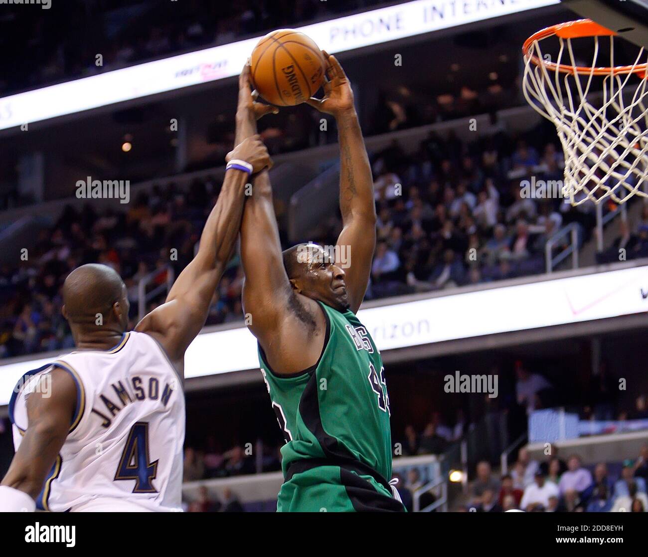 NO FILM, NO VIDEO, NO TV, NO DOCUMENTARY - Boston Celtics Kendrick Perkins (43) is fouled by Washington Wizards Antawn Jamison (4) during their game played at the Verizon Center in Washington, DC, USA on December 11, 2008. Boston defeated Washington 122-88. Photo by Harry E. Walker/MCT/ABACAPRESS.COM Stock Photo