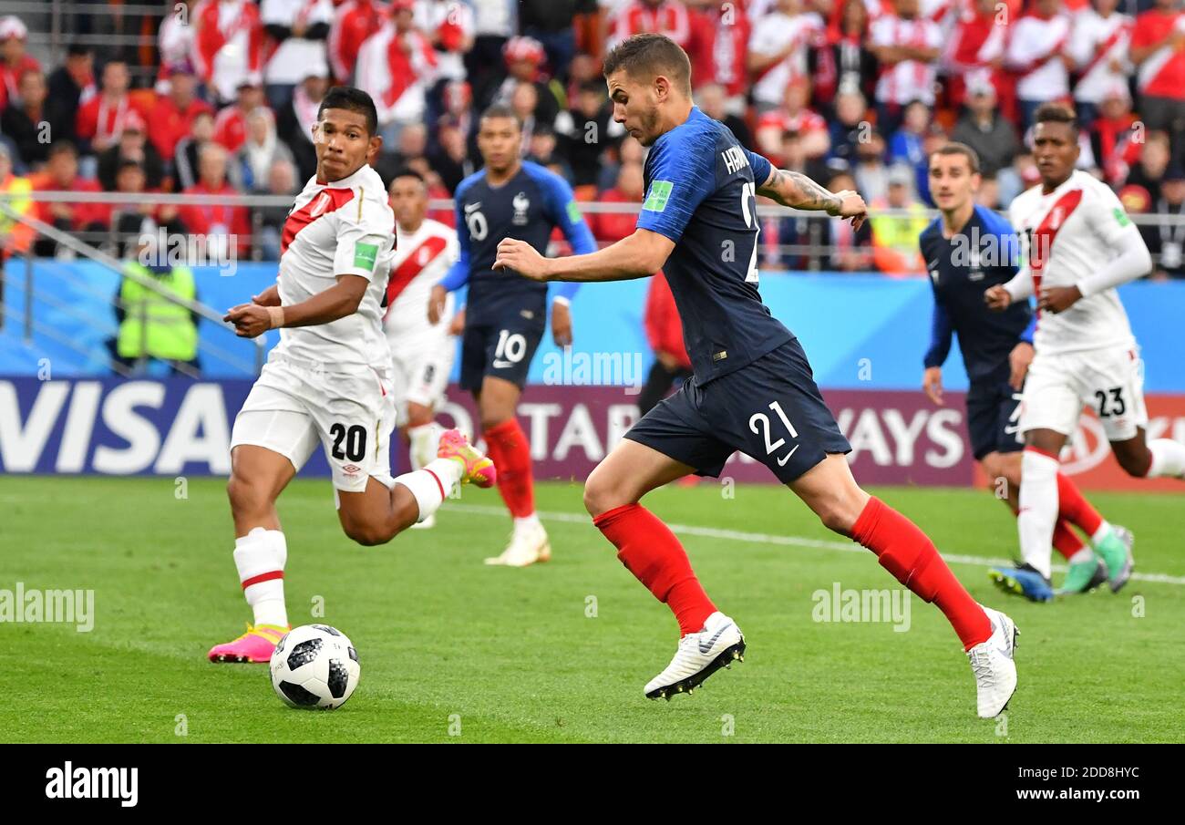 France's Lucas Hernandez and Edison Flores during the World Cup 2018, France vs Peru at the Arena stadium in Ekateringburg Russia on June 21 , 2018. Photo by Christian Liewig/ABACAPRESS.COM Stock Photo