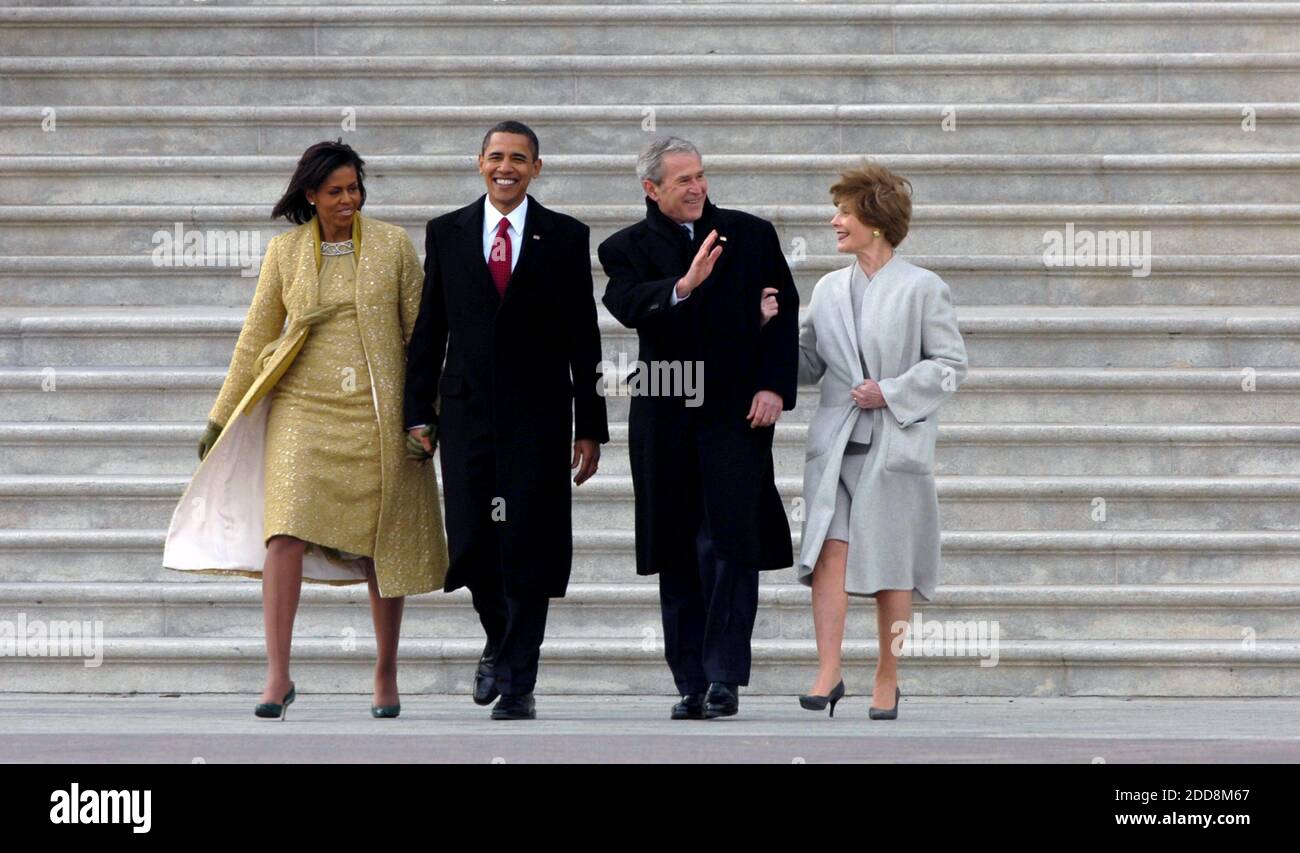NO FILM, NO VIDEO, NO TV, NO DOCUMENTARY - President Barack Obama, center left, and First Lady Michelle Obama escort former President George Bush, center right, and Laura Bush to Marine I helicopter, behind the U.S. Capitol building following Obama's inauguration in Washington, D.C., USA, on Tuesday, January 20, 2009. Obama becomes the first African-American to be elected to the office of President in the history of the United States. Photo by Sarah J. Glover/Philadelphia Inquirer/MCT/ABACAPRESS.COM Stock Photo