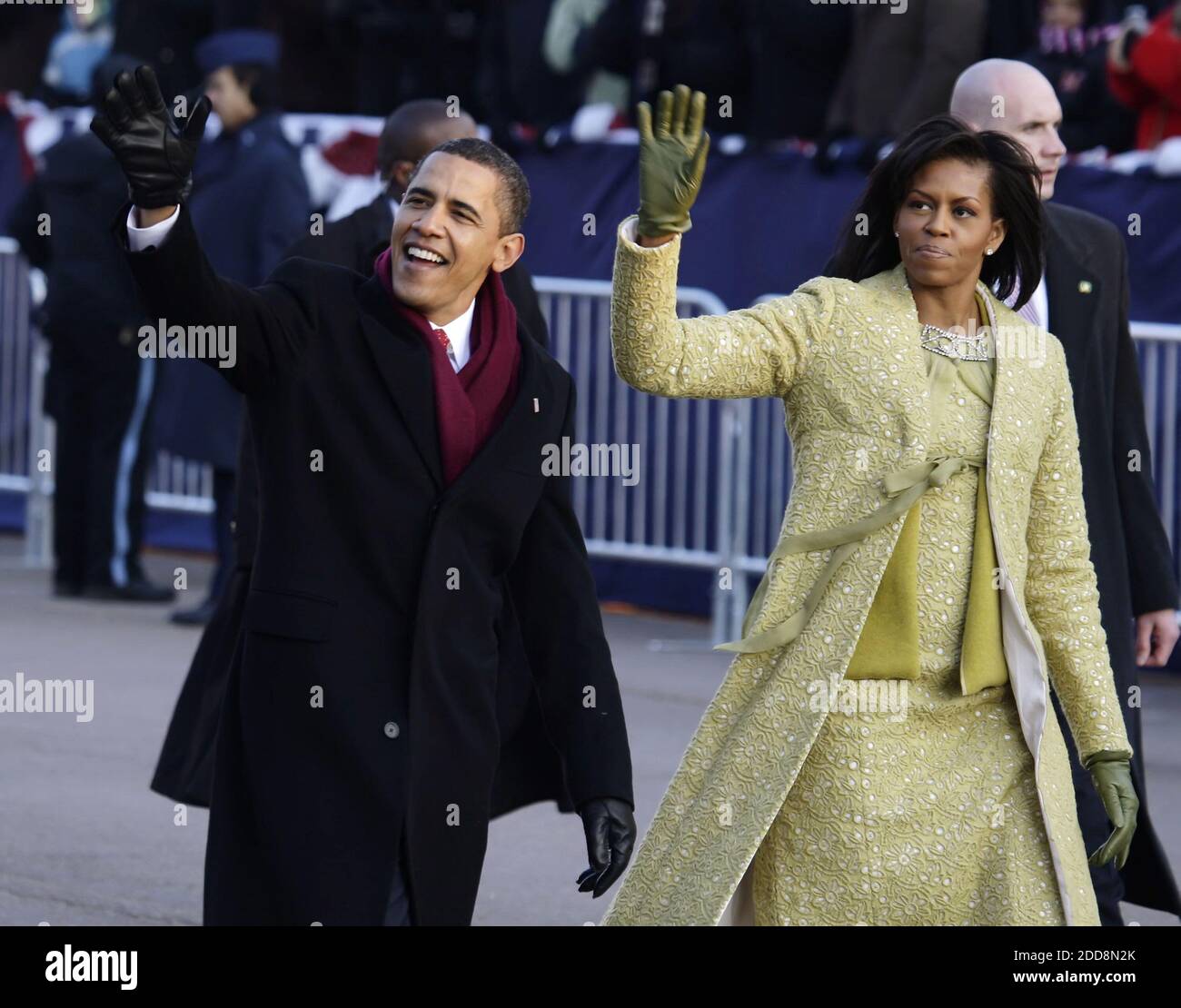 NO FILM, NO VIDEO, NO TV, NO DOCUMENTARY - President Barack Obama and wife, Michelle, walk along the parade route after he was sworn in as the 44th US President in Washington, D.C., USA, on January 20, 2009. Photo by Chuck Kennedy/MCT/ABACAPRESS.COM Stock Photo