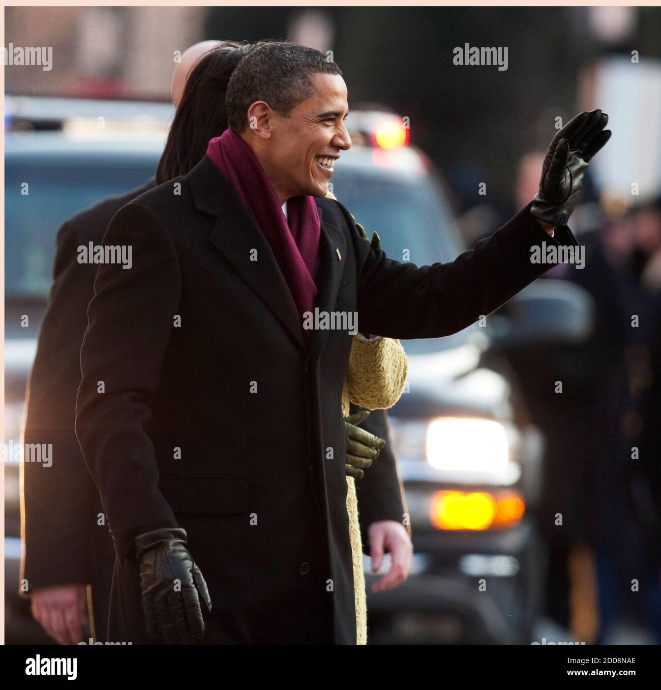 NO FILM, NO VIDEO, NO TV, NO DOCUMENTARY - President Barack Obama and wife Michelle walk along the parade route after he was sworn in as the 44th US President in Washington, D.C., USA, on January 20, 2009. Photo by George Bridges/MCT/ABACAPRESS.COM Stock Photo