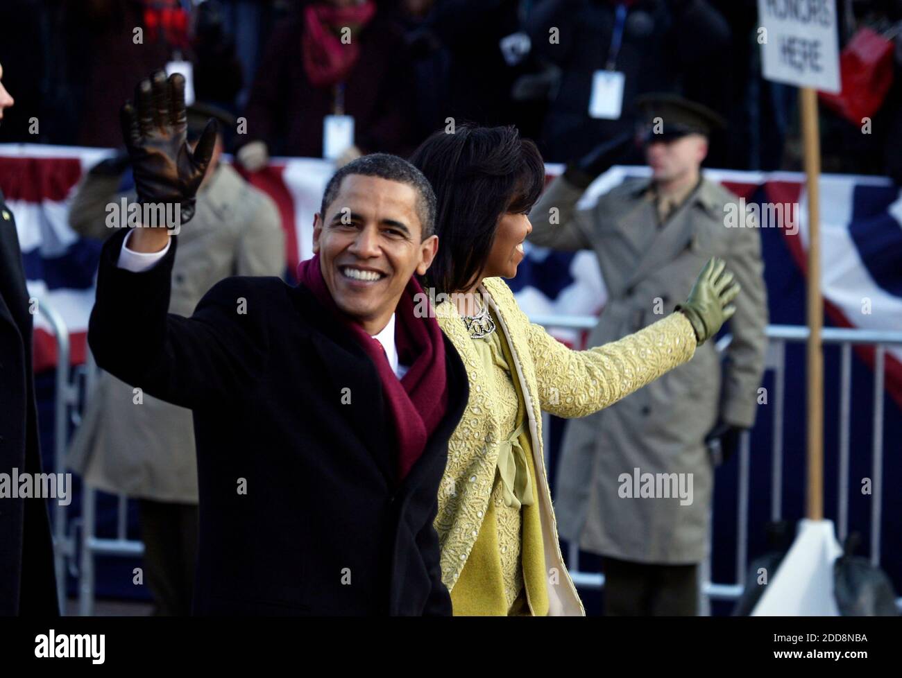 NO FILM, NO VIDEO, NO TV, NO DOCUMENTARY - President Barack Obama and wife Michelle walk along the parade route after he was sworn in as the 44th US President in Washington, D.C., USA, on January 20, 2009. Photo by George Bridges/MCT/ABACAPRESS.COM Stock Photo