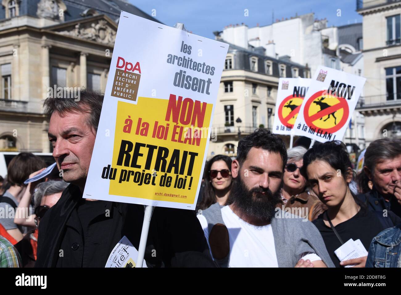 Architects hold a protest against the Elan housing bill on on May 17, 2018  at Place du Palais-Royal near the Ministry of Culture in Paris, France. The  architects denounced the proposed privatization