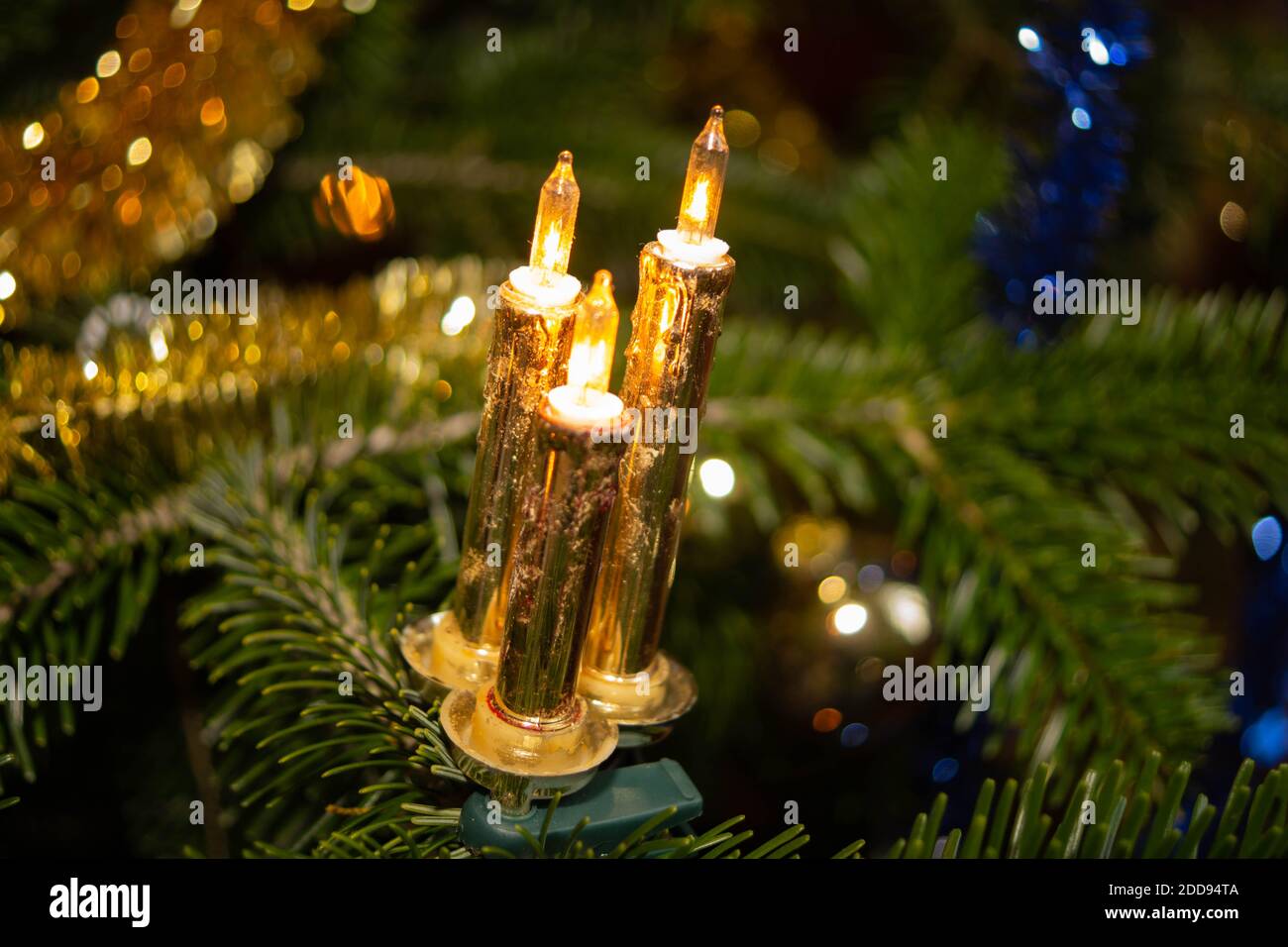 Goldene Kerzen am Weihnachtsbaum, Elekrtisches Licht am Weihnachtsbaum Stock Photo