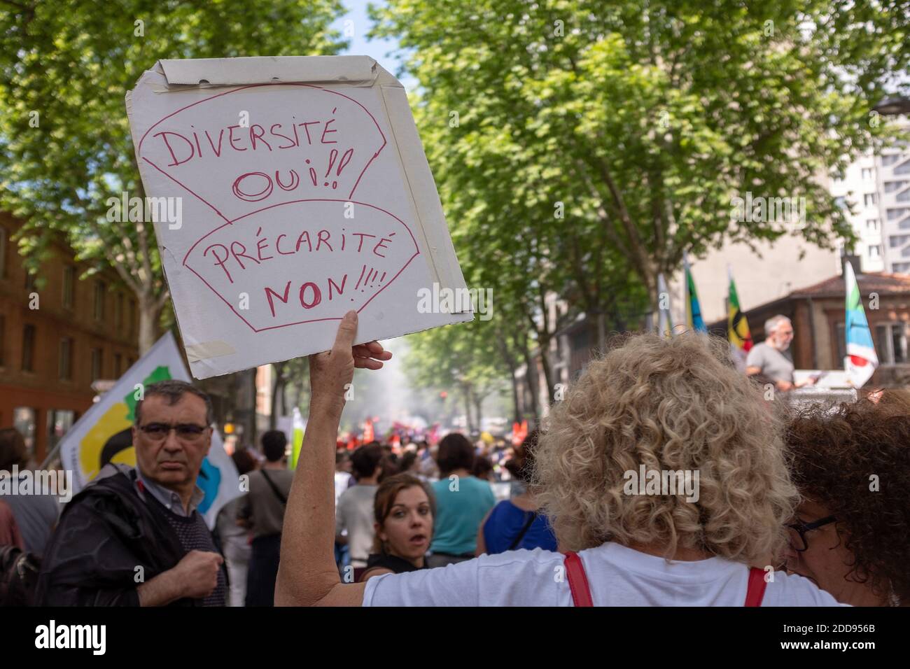 Thousands of demonstrators marched through the streets of Toulouse (France) on May 22, 2018. Most public service unions have united to fight against the reforms of the government of Emmanuel Macron, 1 year after his access to power. 'Diversity yes, precariousness no'. Photo by Patrick BATARD / ABACAPRESS.com Stock Photo