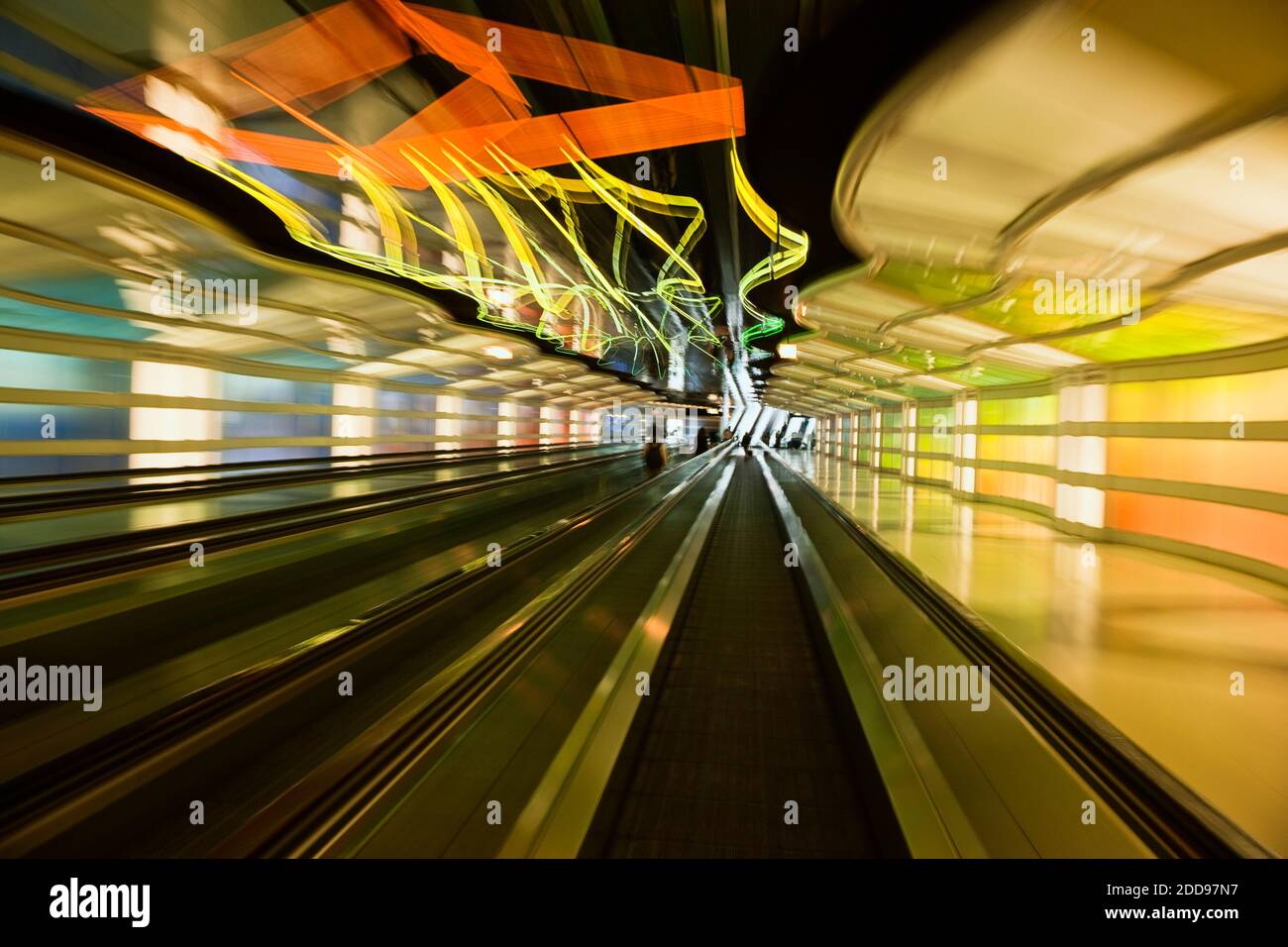 Moving Walkway in the Tunnel, United Airlines Terminal, O'Hare International Airport, Chicago, Illinois, USA Stock Photo
